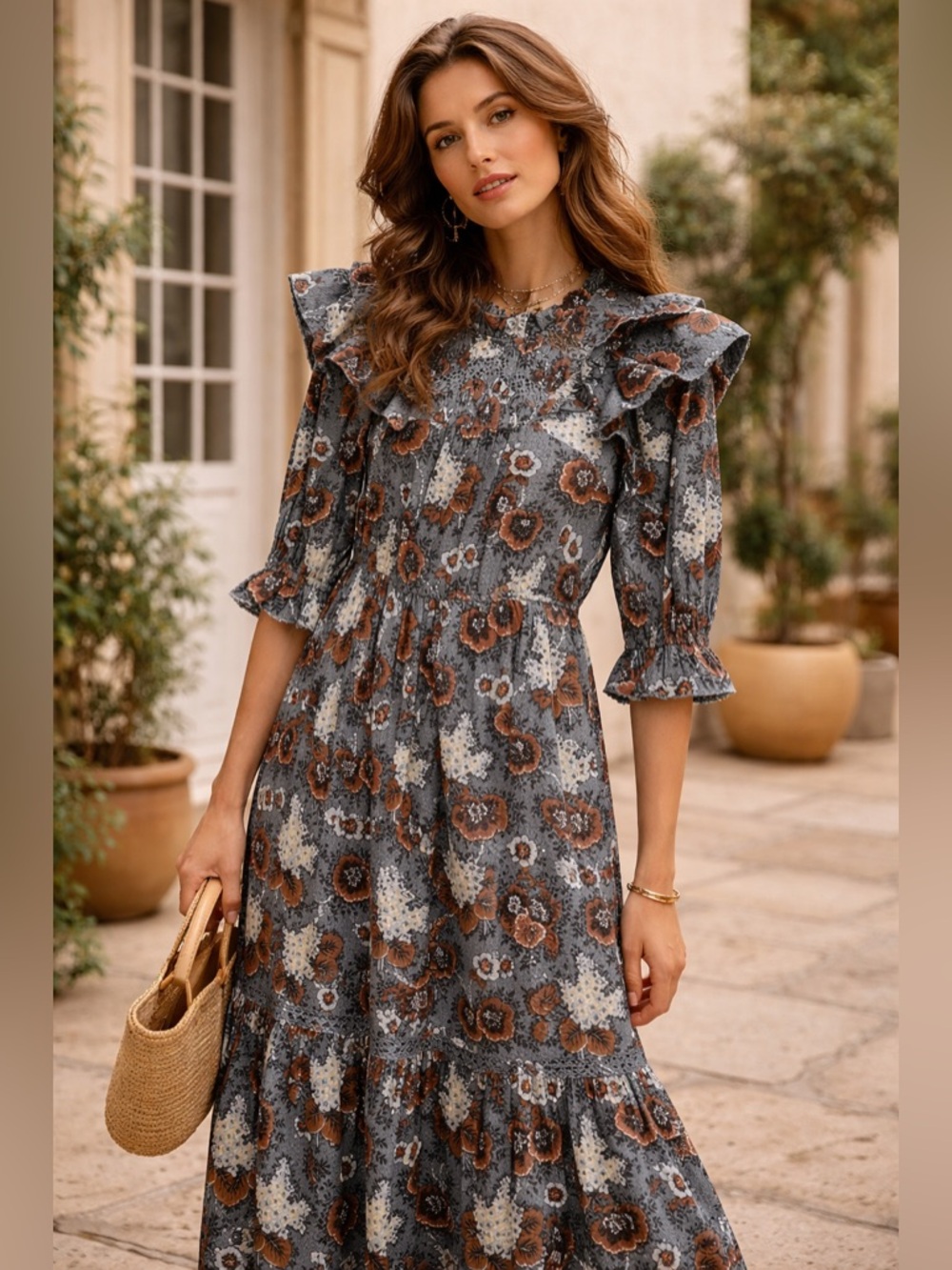 Sea NY Lucinda Cotton Floral Ruffle Midi Dress